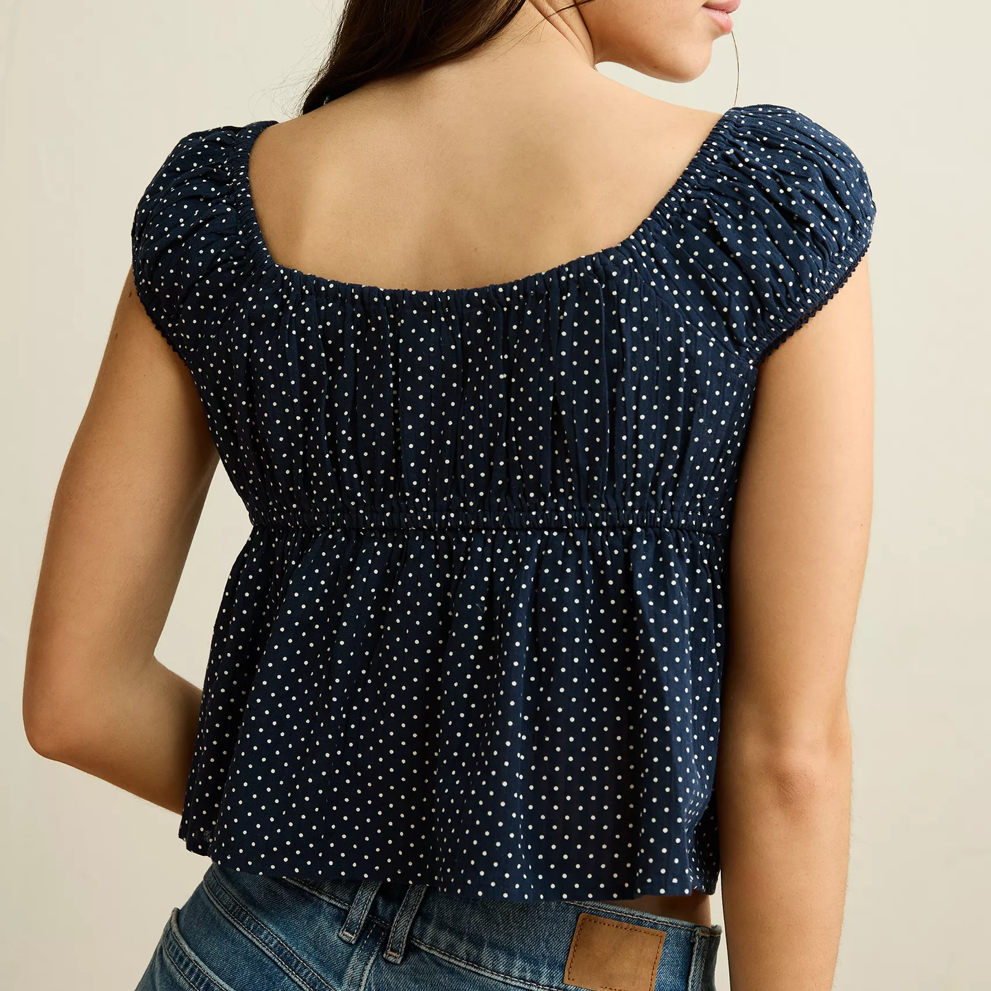Cropped Cap‑Sleeve Lace‑Trim Button‑Front Cotton‑Linen Blend Top