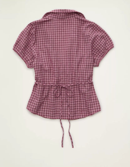 Cropped Collared Short‑Sleeve Button‑Front Blouse With Rear Tie Adjustment