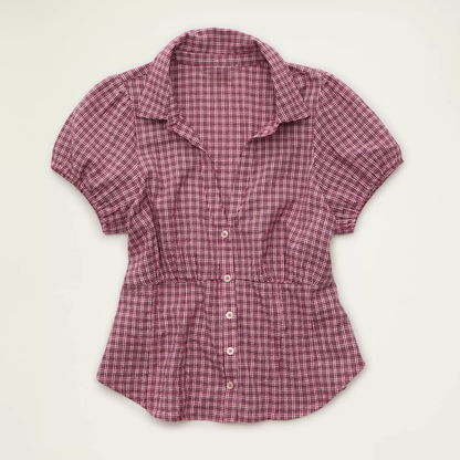 Cropped Collared Short‑Sleeve Button‑Front Blouse With Rear Tie Adjustment