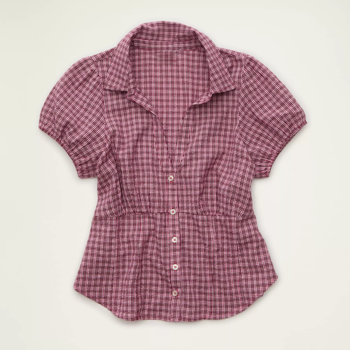 Cropped Collared Short‑Sleeve Button‑Front Blouse With Rear Tie Adjustment