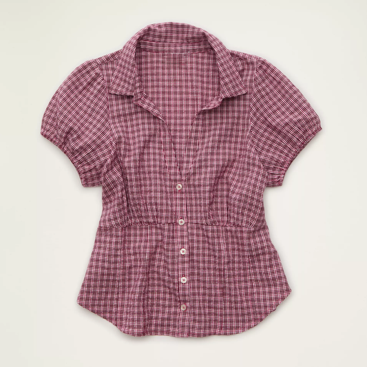 Cropped Collared Short‑Sleeve Button‑Front Blouse With Rear Tie Adjustment