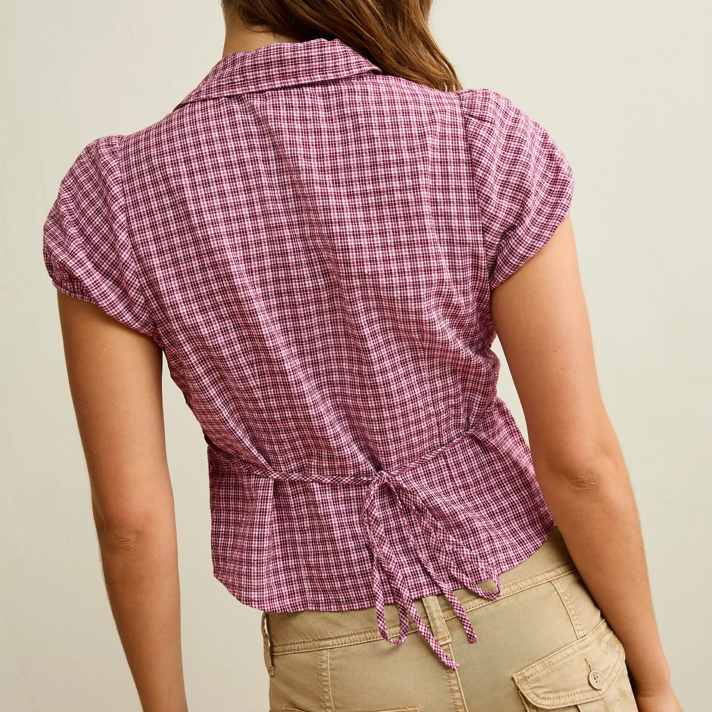 Cropped Collared Short‑Sleeve Button‑Front Blouse With Rear Tie Adjustment
