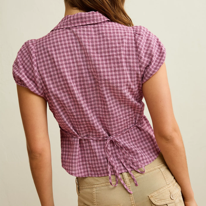 Cropped Collared Short‑Sleeve Button‑Front Blouse With Rear Tie Adjustment