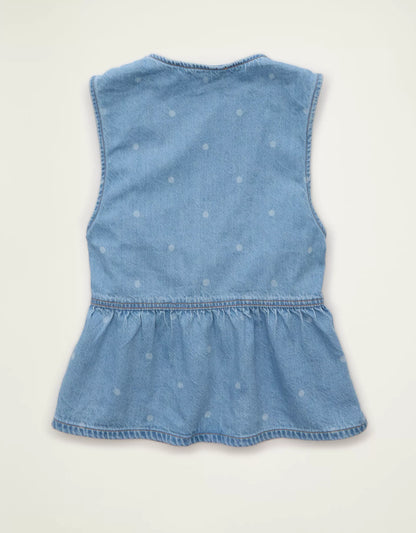 Cropped Sleeveless V‑Neck Denim Peplum Vest With Back Buckle Adjustment