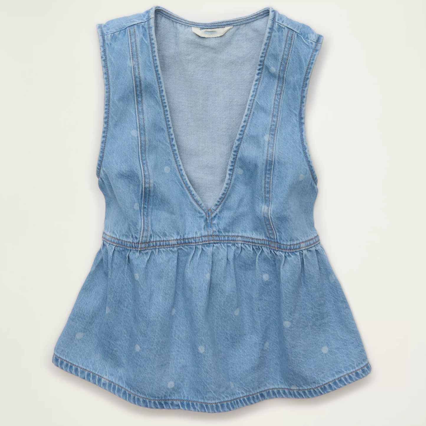 Cropped Sleeveless V‑Neck Denim Peplum Vest With Back Buckle Adjustment