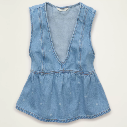 Cropped Sleeveless V‑Neck Denim Peplum Vest With Back Buckle Adjustment
