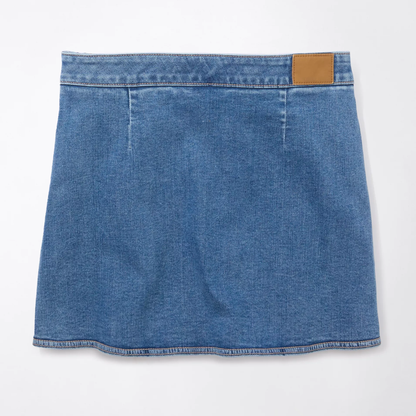 High‑Rise Stretch Denim Skort Mini Skirt With Built‑In Knit Short Liner