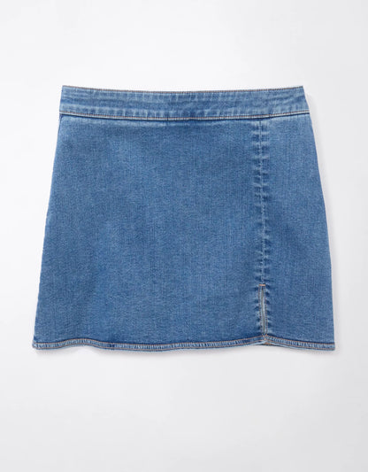 High‑Rise Stretch Denim Skort Mini Skirt With Built‑In Knit Short Liner