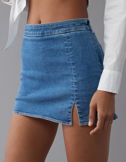High‑Rise Stretch Denim Skort Mini Skirt With Built‑In Knit Short Liner