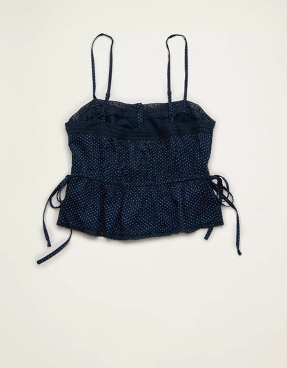 Cropped Lace‑Trim Button‑Front Cami Top With Side Drawstring Details