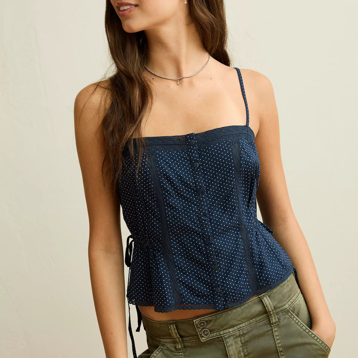 Cropped Lace‑Trim Button‑Front Cami Top With Side Drawstring Details