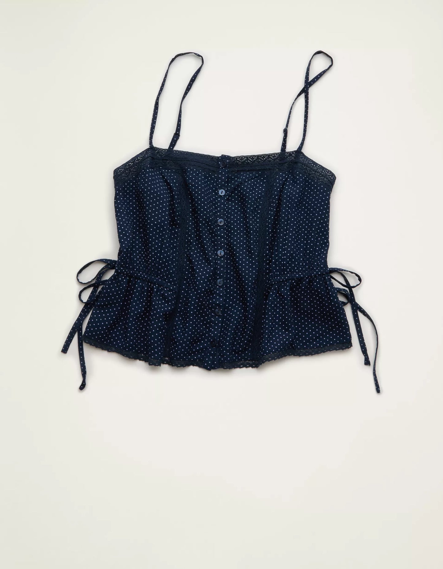 Cropped Lace‑Trim Button‑Front Cami Top With Side Drawstring Details