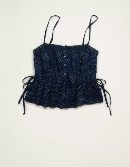 Cropped Lace‑Trim Button‑Front Cami Top With Side Drawstring Details