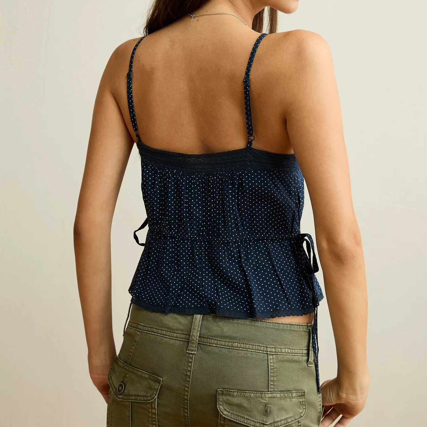 Cropped Lace‑Trim Button‑Front Cami Top With Side Drawstring Details