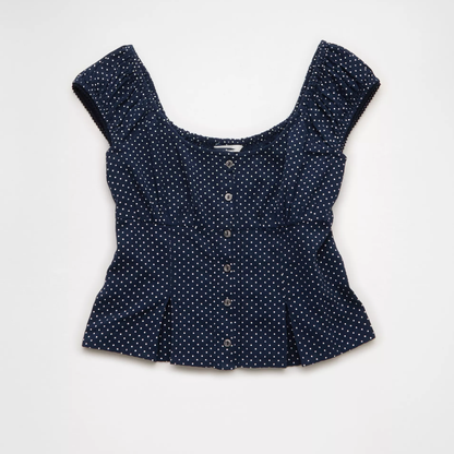 Cropped Cap‑Sleeve Lace‑Trim Button‑Front Cotton‑Linen Blend Top