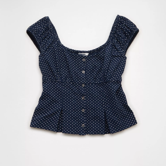Cropped Cap‑Sleeve Lace‑Trim Button‑Front Cotton‑Linen Blend Top