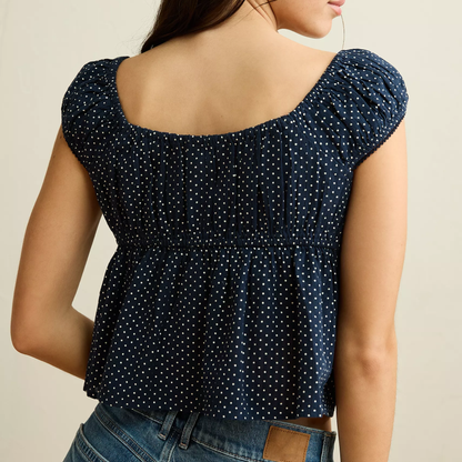 Cropped Cap‑Sleeve Lace‑Trim Button‑Front Cotton‑Linen Blend Top